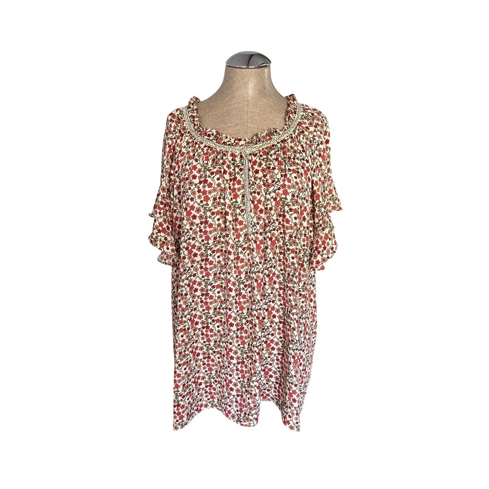 Max Studio 3X Cream Red Floral Flutter Sleeve Ruffle Neck Tunic Blouse